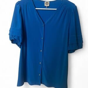 Anne Klein Blue Button-Front Short Sleeve Blouse, Size M
